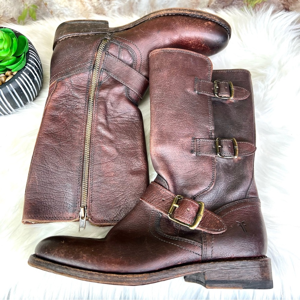 FRYE Brown Jaden Cuff Classic Heritage Buckle Leather Moto Boots, 6.5B - Picture 14 of 14